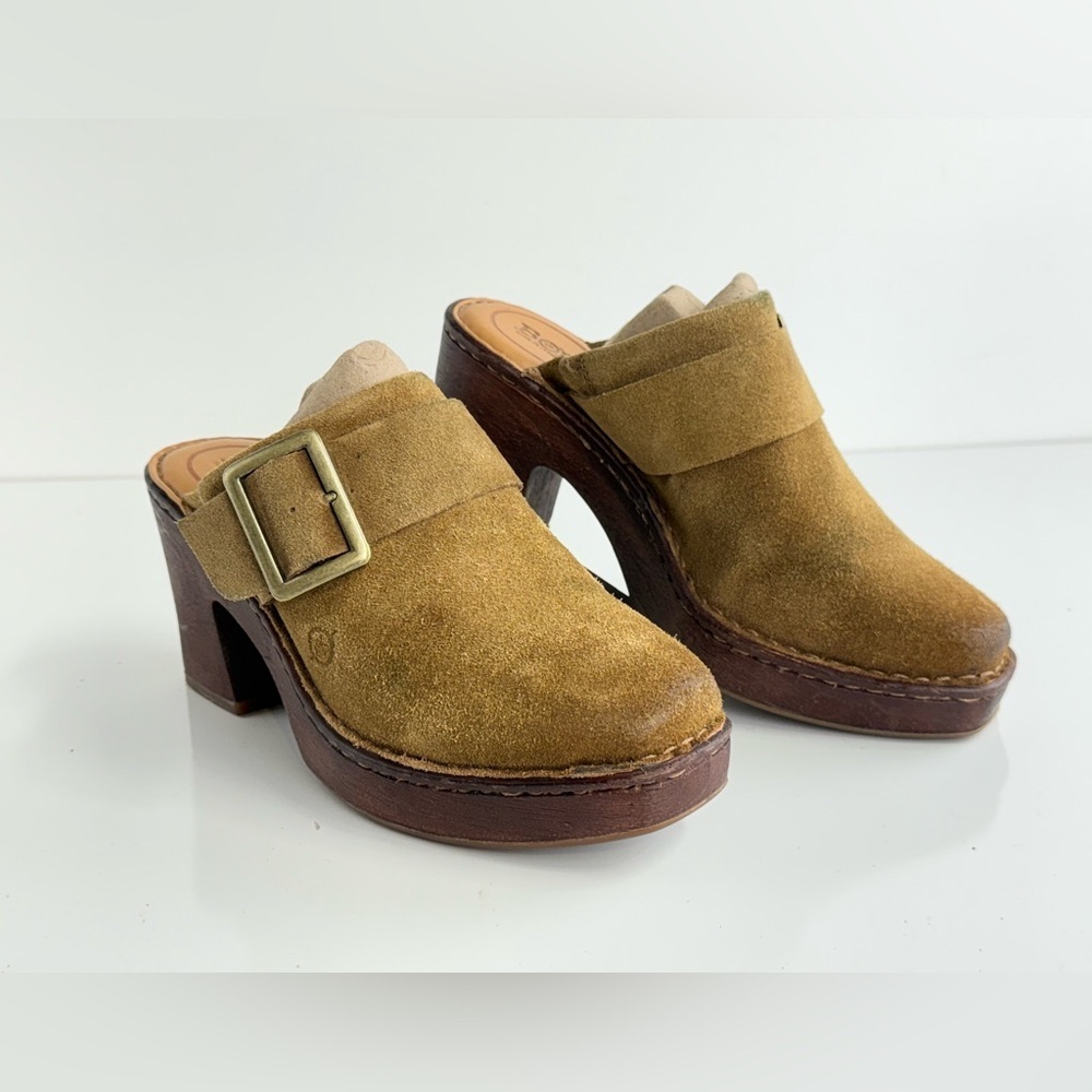 BORN Tan Suede wood block heeled mules size 7